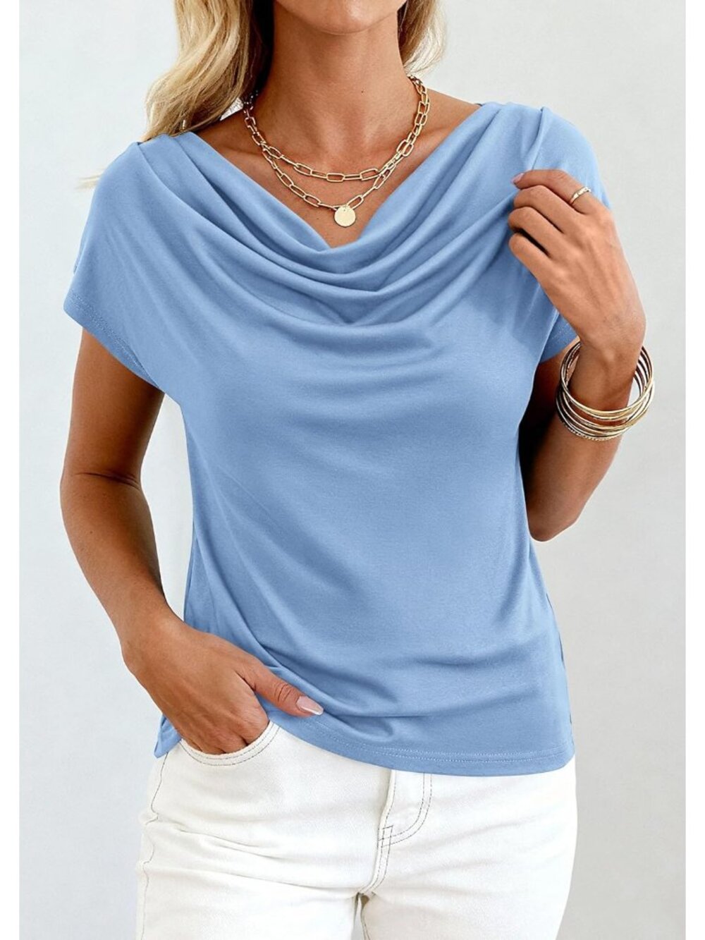 Women's Blouses Dressy Light Blue Casual Summer Cowl Neck Short Sleeves Tops - Picture 5 of 6